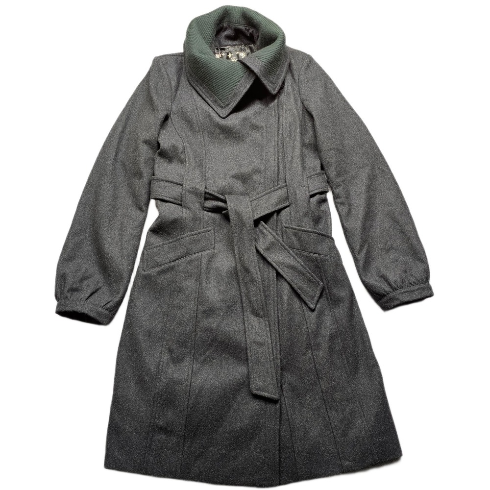 Guess Trench Coat Womens XS Charcoal Gray Lined Wool‎ Blend Tie Waist Full Zip